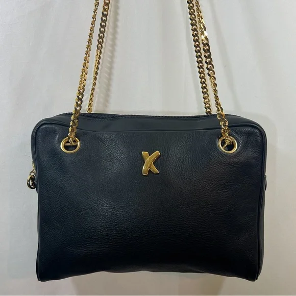 VINTAGE PALOMA PICASSO Black Leather Gold Chain Shoulder Bag - Picture 2 of 6